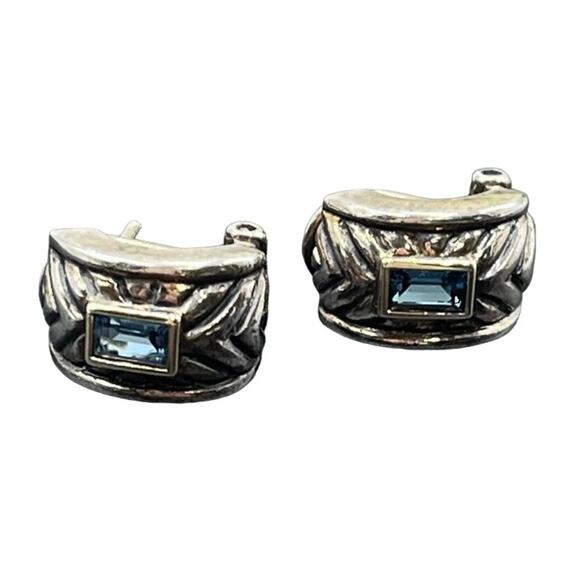 Signed 925 Sterling Silver 14k Yellow Gold Blue Topaz Omega Bali Earrings - Picture 5 of 13